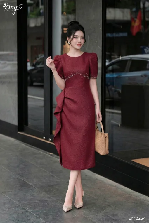 EM2254 - Đầm Body Tuypsi Đỏ Bèo Eo