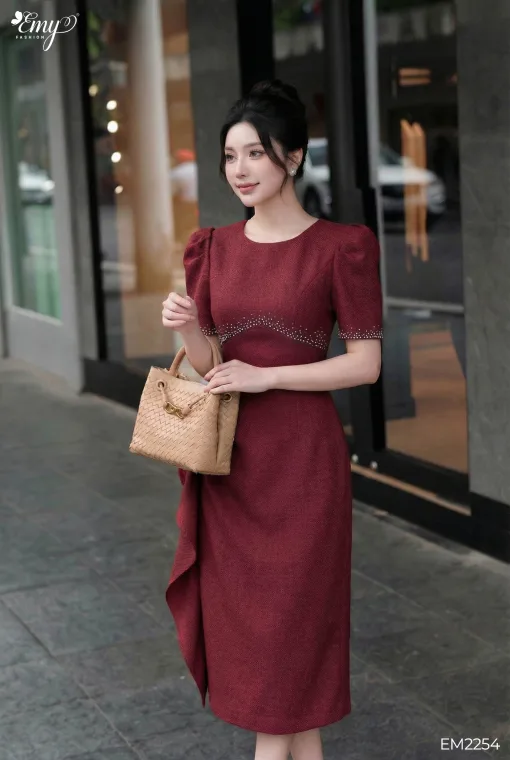 EM2254 - Đầm Body Tuypsi Đỏ Bèo Eo