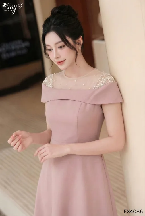 EX4086 Đầm Xoè Gân HK Hồng Pastel Rớt Vai