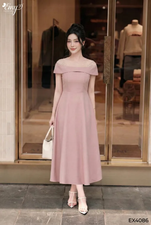 EX4086 Đầm Xoè Gân HK Hồng Pastel Rớt Vai