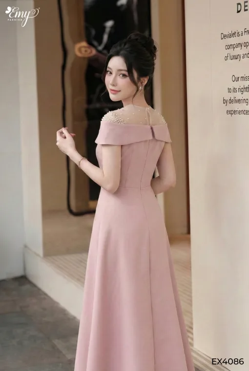 EX4086 Đầm Xoè Gân HK Hồng Pastel Rớt Vai