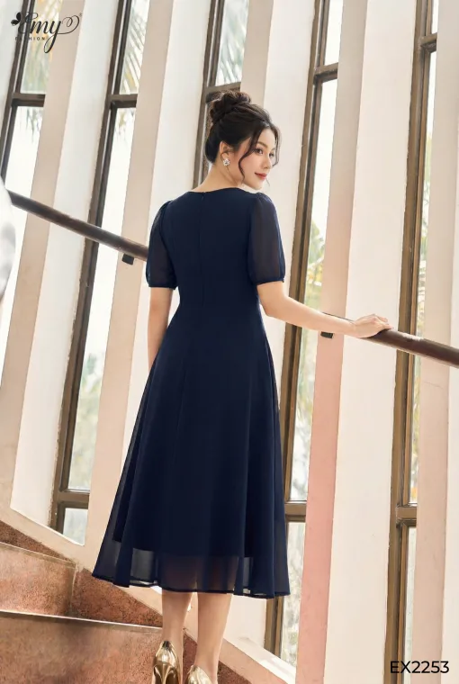 EM2253 Đầm Xòe Vải Chinfon Xanh Đen