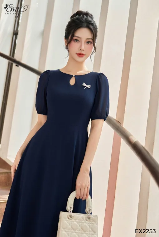 EM2253 Đầm Xòe Vải Chinfon Xanh Đen
