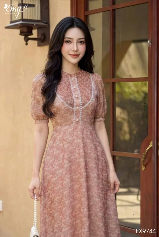 EM9744 Đầm Xoè Voan Tơ Nền Xanh Pastel HT Hoa