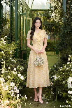 EX9766 - Đầm Xòe Midi Voan Tơ Ép Họa Tiết Hoa Nhí