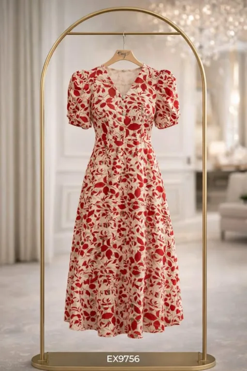 EX9756 Đầm Xòe Mango Hoa Đỏ Tay Nhún