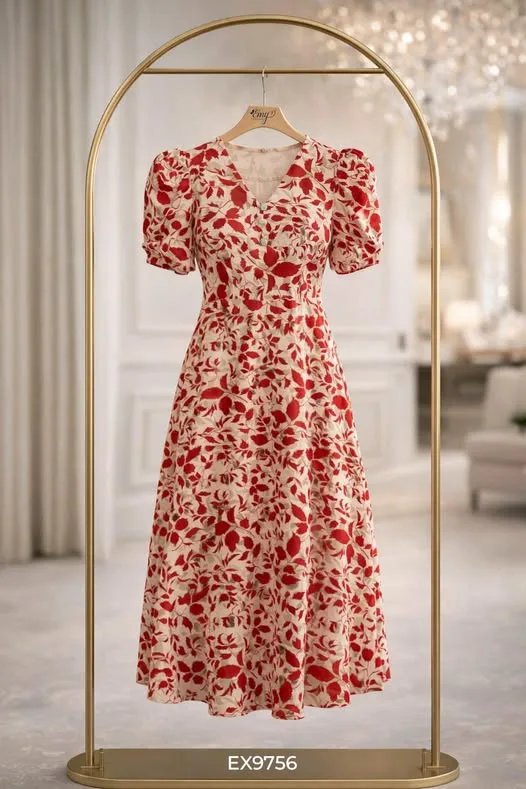 EX9756 Đầm Xòe Mango Hoa Đỏ Tay Nhún EX9756 Đầm Xòe Mango Hoa Đỏ Tay Nhún