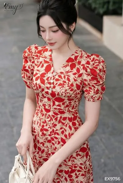 EX9756 Đầm Xòe Mango Hoa Đỏ Tay Nhún EX9756 Đầm Xòe Mango Hoa Đỏ Tay Nhún