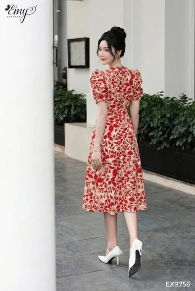 EX9756 Đầm Xòe Mango Hoa Đỏ Tay Nhún EX9756 Đầm Xòe Mango Hoa Đỏ Tay Nhún