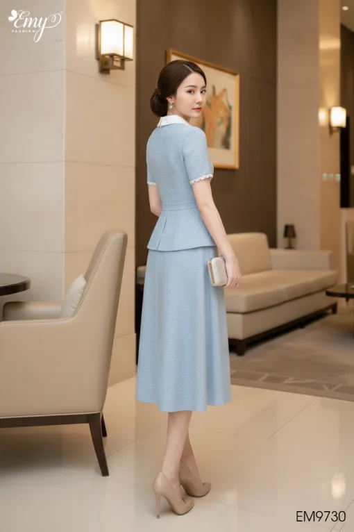 EM9730 Đầm Xoè Peplum Xanh Cổ Phối