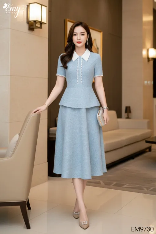 EM9730 Đầm Xoè Peplum Xanh Cổ Phối