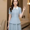 EM9730 Đầm Xoè Peplum Xanh Cổ Phối