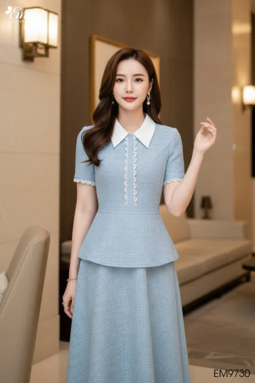 EM9730 Đầm Xoè Peplum Xanh Cổ Phối