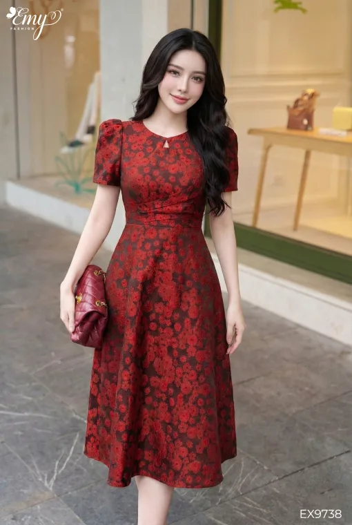 EM9738 Đầm Xoè Tafta Đen Hoa Đỏ Cổ Phối