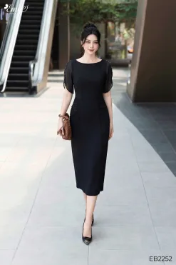 EB2252 Đầm Body Solen Nhật Đen Nhún Eo