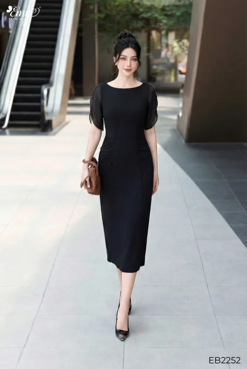 EB2252 Đầm Body Solen Nhật Đen Nhún Eo