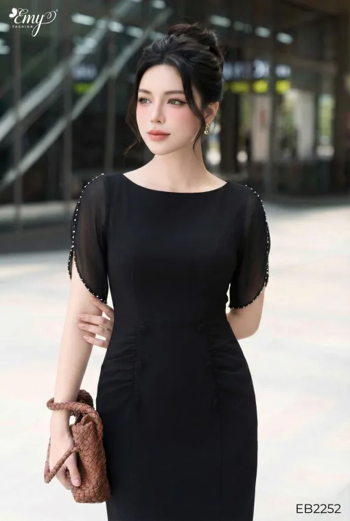 EB2252 Đầm Body Solen Nhật Đen Nhún Eo