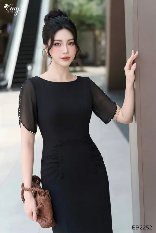 EB2252 Đầm Body Solen Nhật Đen Nhún Eo