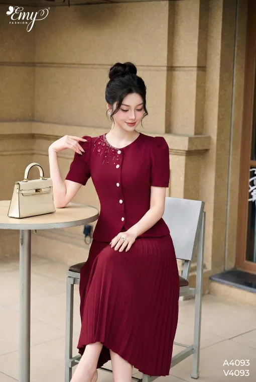 A4093 Áo KaKi Nhung Đỏ Kết Hoa