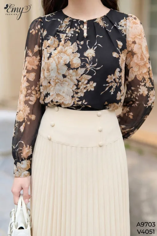 A9703 Áo Voan Tơ Hoa Đen Tay Dài