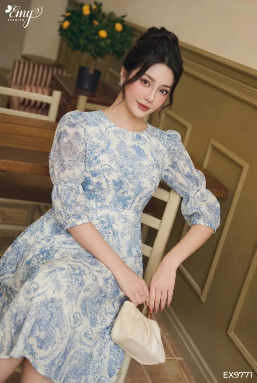 EX9771 - Đầm Xoè Voan Tơ Xanh Tay Lỡ