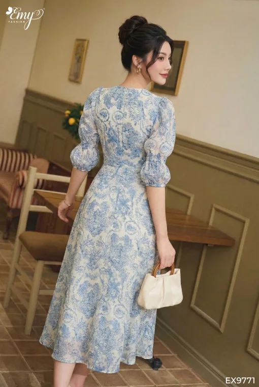 EX9771 - Đầm Xoè Voan Tơ Xanh Tay Lỡ