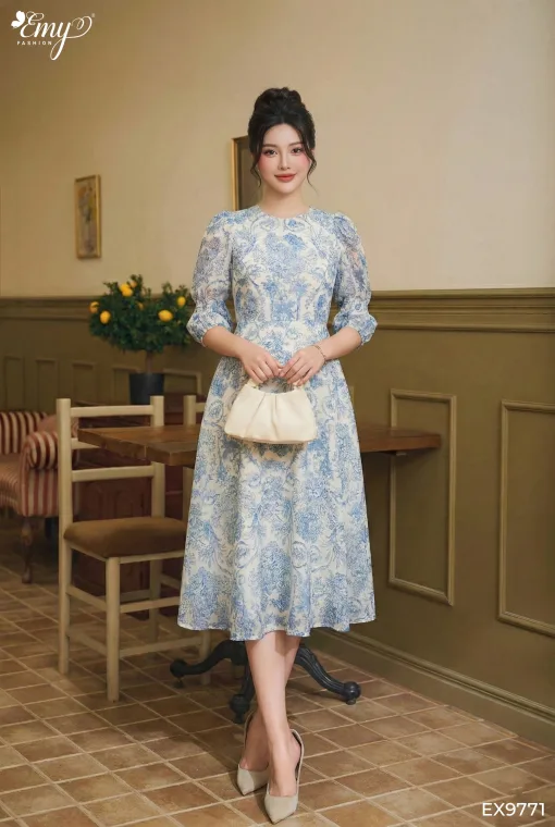 EX9771 - Đầm Xoè Voan Tơ Xanh Tay Lỡ