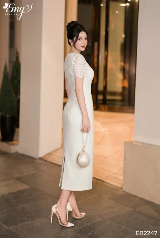 EB2247 Đầm Ôm Tweed Gân Trắng Phối Ren