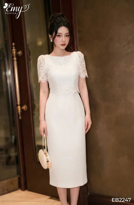 EB2247 Đầm Ôm Tweed Gân Trắng Phối Ren