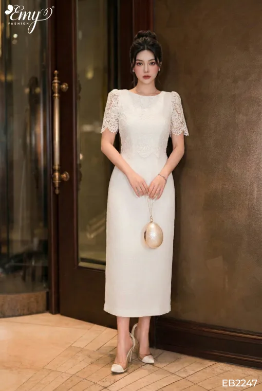 EB2247 Đầm Ôm Tweed Gân Trắng Phối Ren