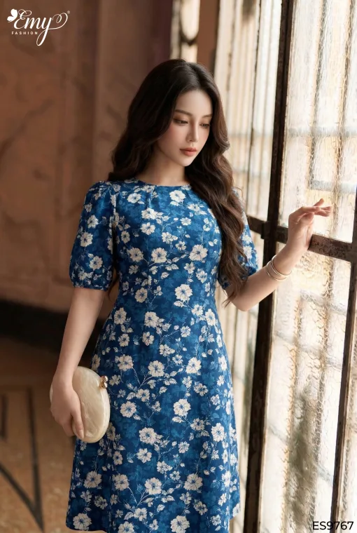 ES9767 Đầm Suông Mango Xanh HT Hoa Tay Lỡ