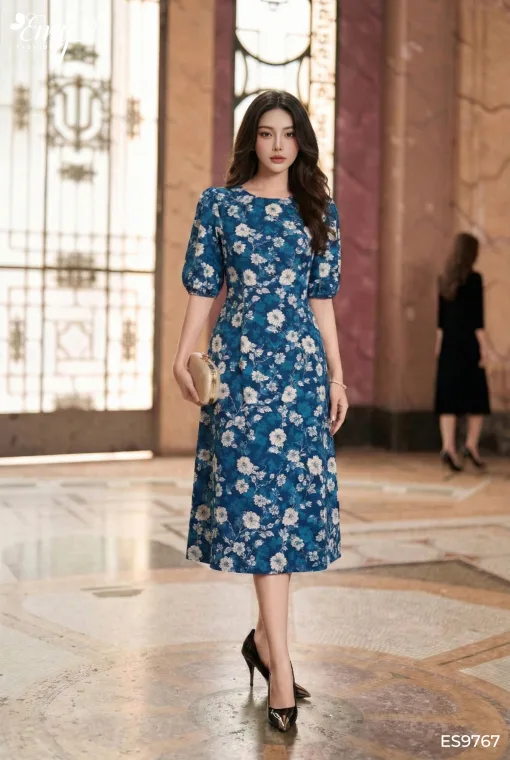 ES9767 Đầm Suông Mango Xanh HT Hoa Tay Lỡ
