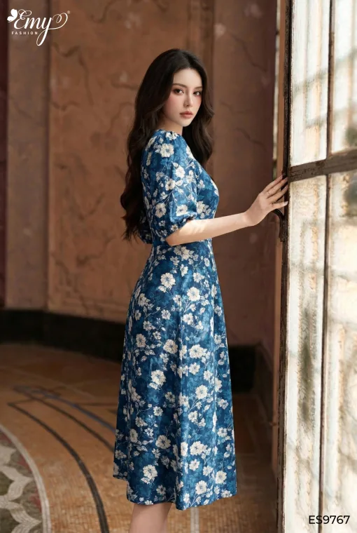 ES9767 Đầm Suông Mango Xanh HT Hoa Tay Lỡ