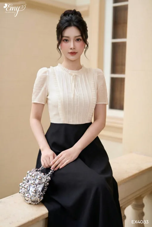 EX4083 Đầm Xoè Phối Voan Kem+ Cotton Lạnh Đen
