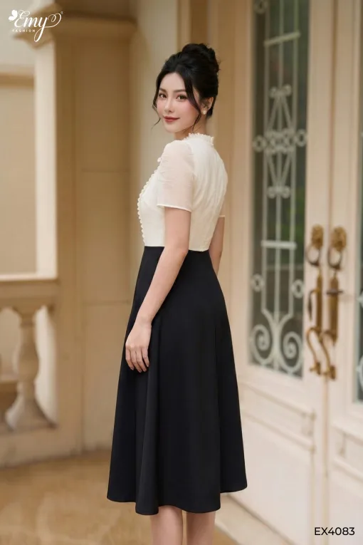 EX4083 Đầm Xoè Phối Voan Kem+ Cotton Lạnh Đen