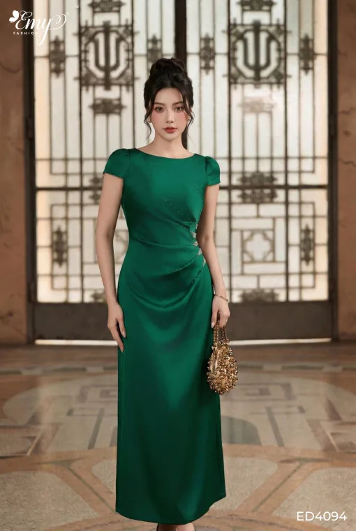 ED4094 - Đầm dạ hội dáng ôm dài, chất lụa Tô Châu xanh lá thông