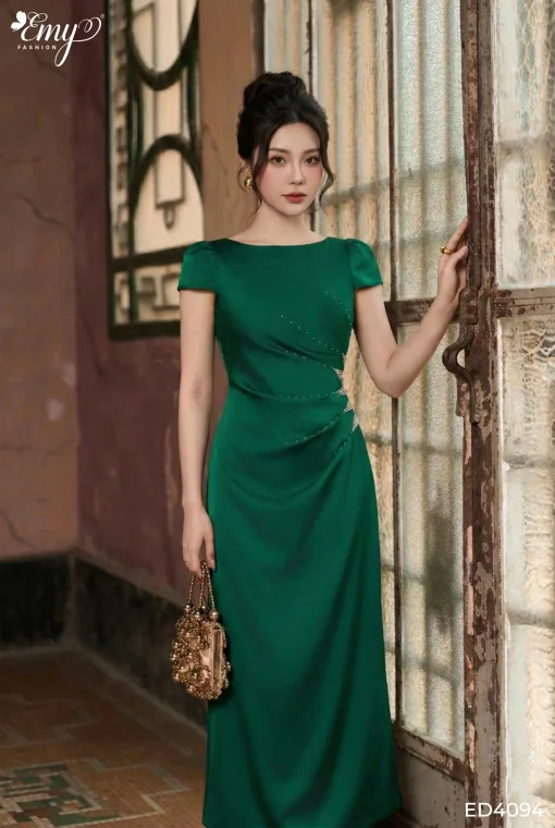 ED4094 - Đầm dạ hội dáng ôm dài, chất lụa Tô Châu xanh lá thông