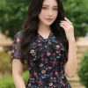 EX9761 Đầm Xòe Voan Tơ In Hoa Cổ V Thắt Nơ
