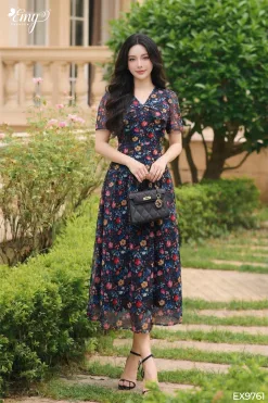 EX9761 Đầm Xòe Voan Tơ In Hoa Cổ V Thắt Nơ