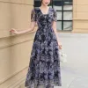 EX9764 Đầm Maxi Hoa Tím Nền Đen Xòe Tầng