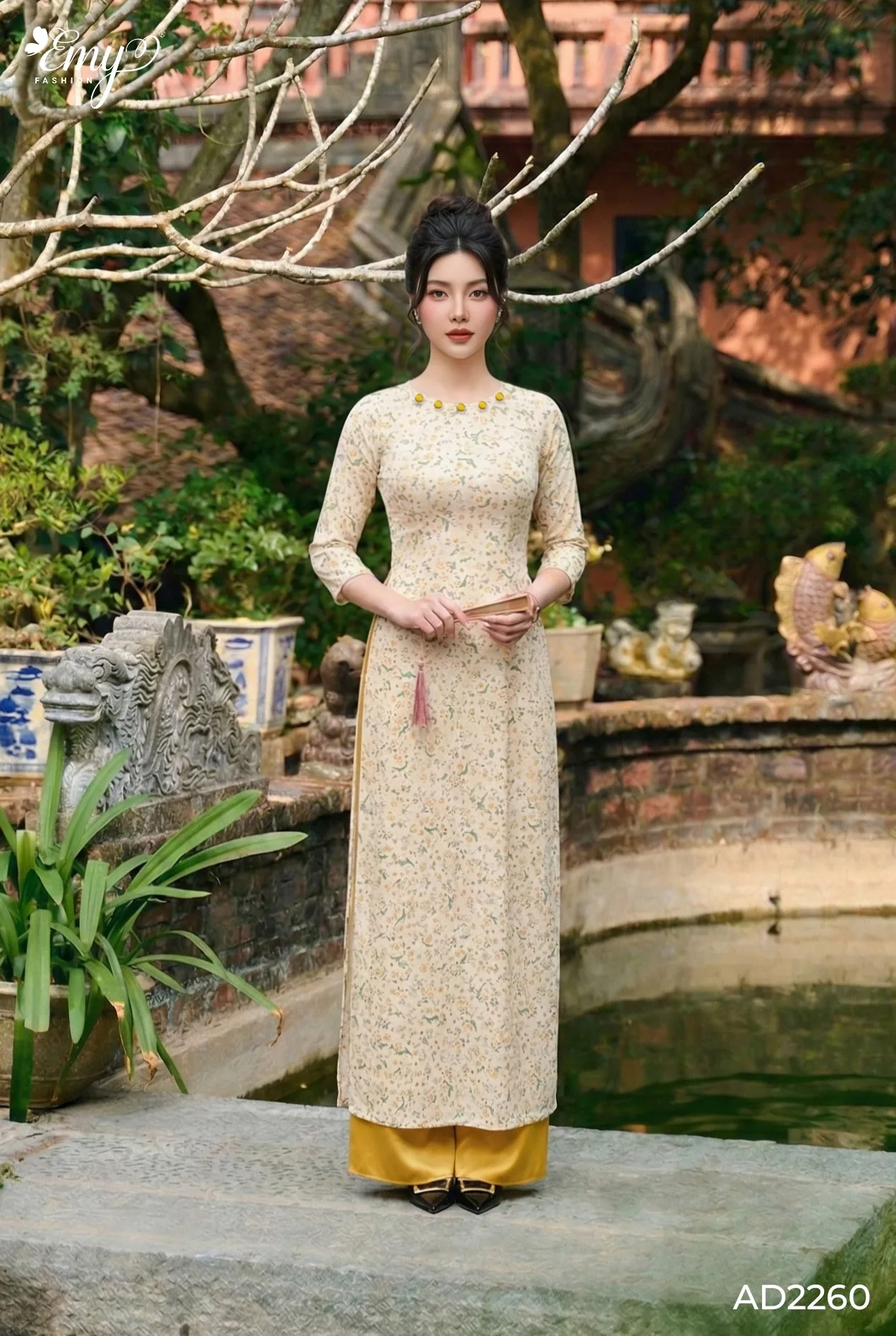 AD2260 Áo Dài Lụa Mỹ Hoa Nhí Vàng