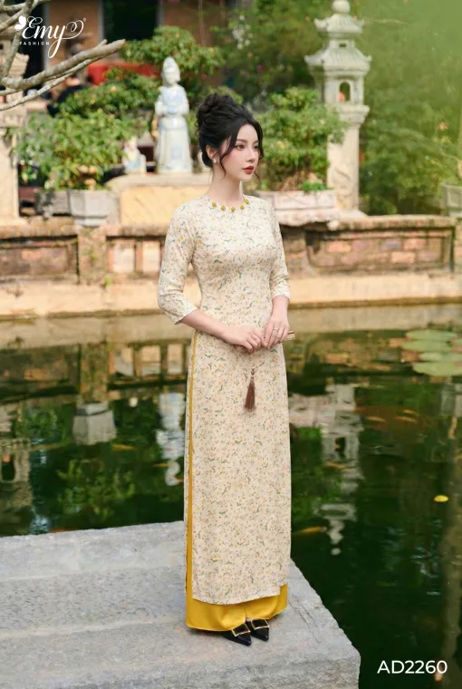 AD2260 Áo Dài Lụa Mỹ Hoa Nhí Vàng