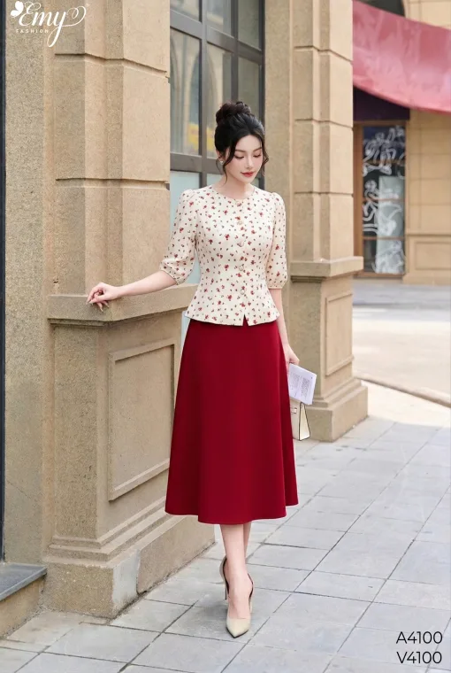 A4100 Áo Cotton Hàn Trắng Kem Hoa Nhí Đỏ