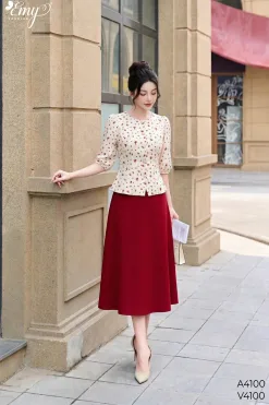 V4100 Váy Trơn Gân HongKong Đỏ Đô