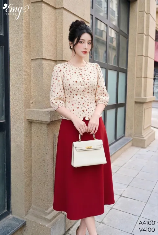 V4100 Váy Trơn Gân HongKong Đỏ Đô