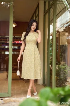 EX9768 Đầm Xòe Mango Hoa Nhí Vàng