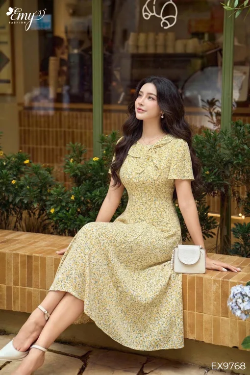 EX9768 Đầm Xòe Mango Hoa Nhí Vàng