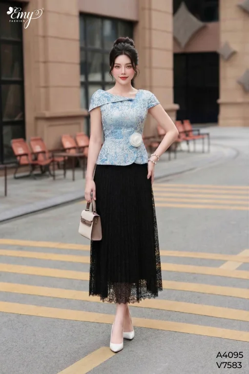A4095 Áo Taffta Xanh Pastel Cổ Cách Điệu