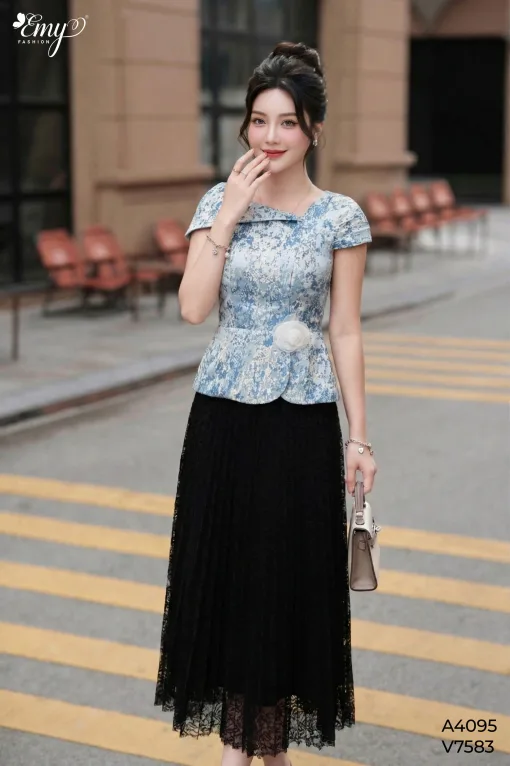 A4095 Áo Taffta Xanh Pastel Cổ Cách Điệu