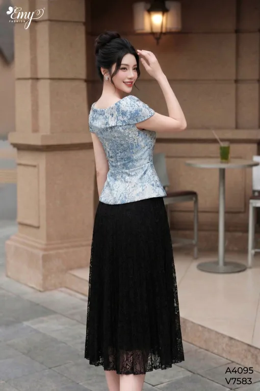 A4095 Áo Taffta Xanh Pastel Cổ Cách Điệu